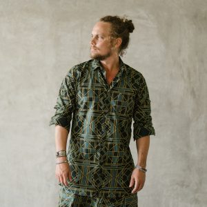 Geometric Print Cotton Buttonup Shirt: Green Boho Festival