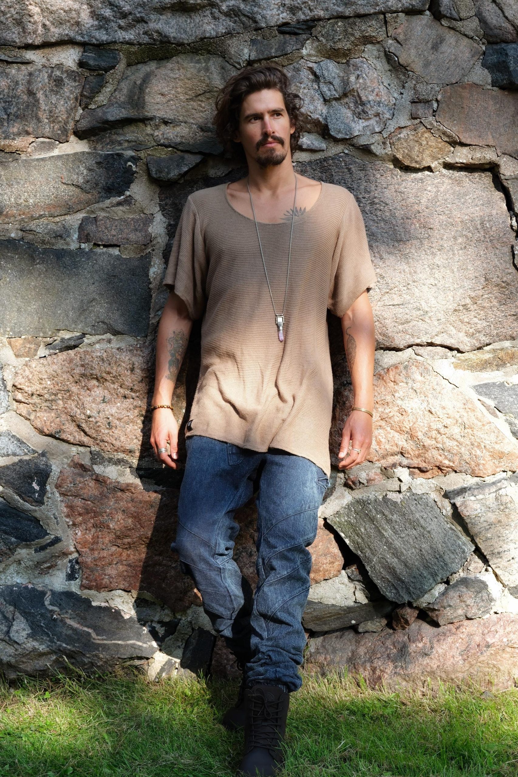 Hand Knit Cotton Tshirt Men: Bohemian Beach Shirt Hand Knit Cotton Tshirt Men: Bohemian Beach Shirt