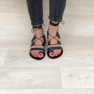 Leather Gladiator Sandals Lace Up Black Summer Shoes