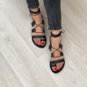 Leather Gladiator Sandals Lace Up Black Summer Shoes