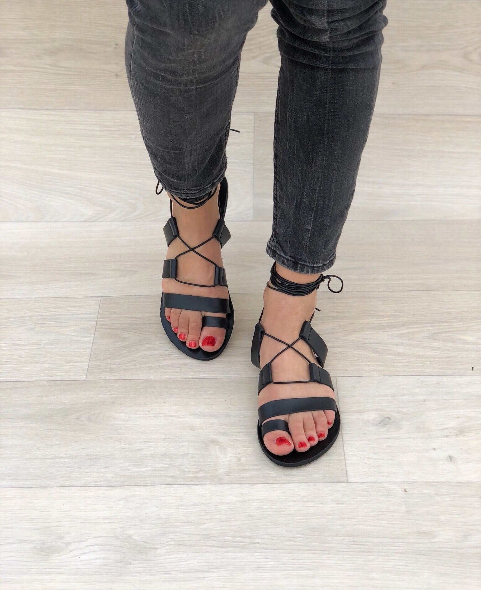 Leather Gladiator Sandals Lace Up Black Summer Shoes