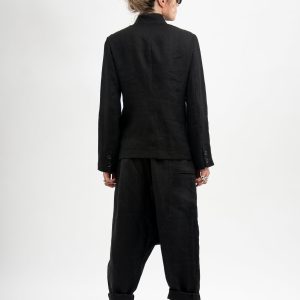 Italian Black Linen Blazer Asymmetric Button Fitted Jacket