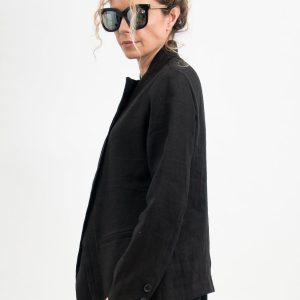 Italian Black Linen Blazer Asymmetric Button Fitted Jacket