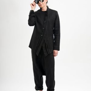 Italian Black Linen Blazer Asymmetric Button Fitted Jacket