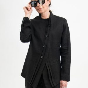 Italian Black Linen Blazer Asymmetric Button Fitted Jacket