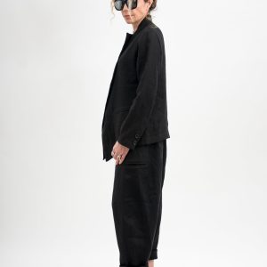 Italian Black Linen Blazer Asymmetric Button Fitted Jacket