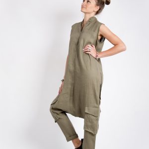 Khaki Linen Jumpsuit: Sleeveless Drop Crotch Overalls