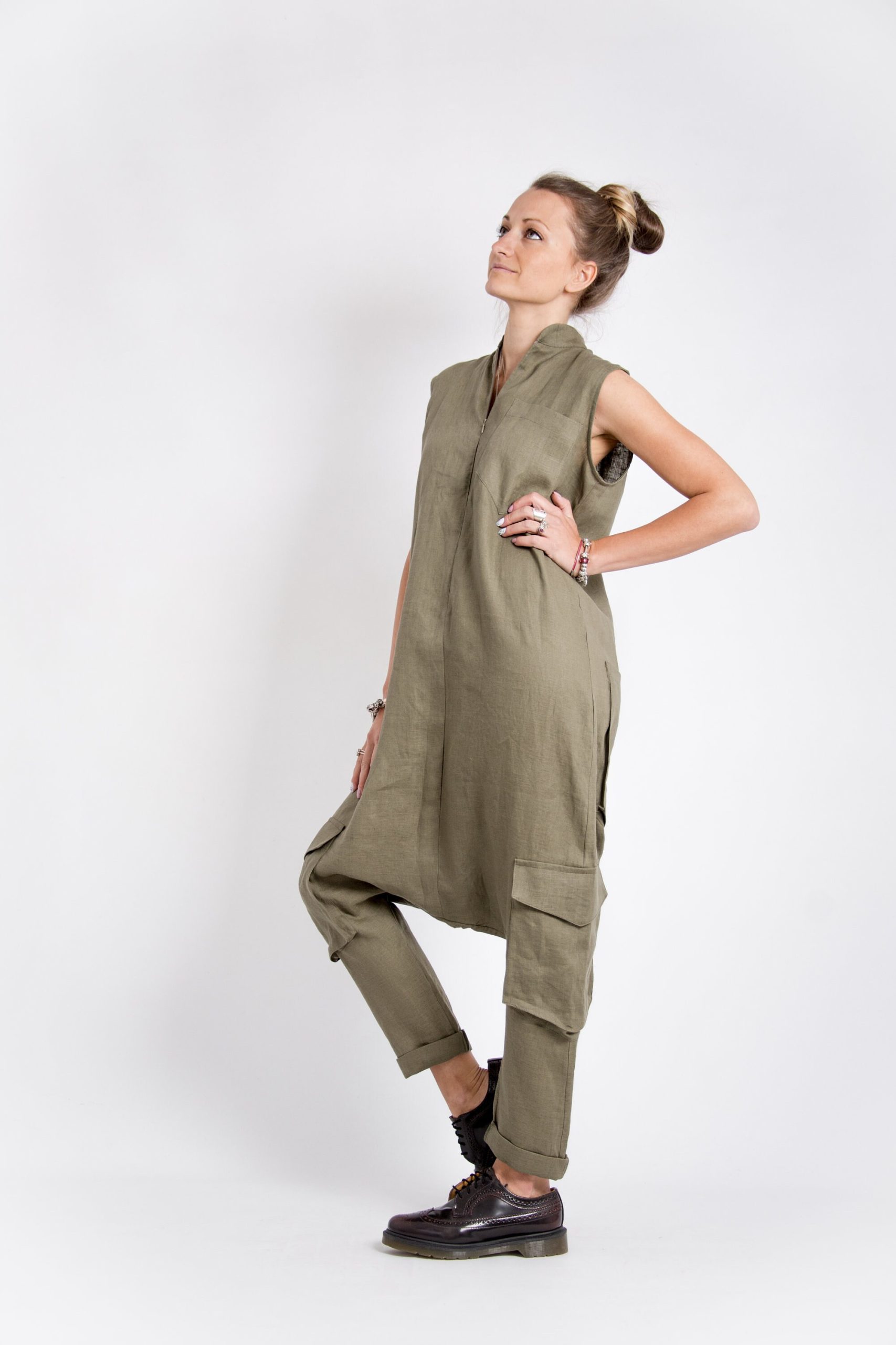 Khaki Linen Jumpsuit: Sleeveless Drop Crotch Overalls Khaki Linen Jumpsuit: Sleeveless Drop Crotch Overalls
