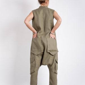 Khaki Linen Jumpsuit: Sleeveless Drop Crotch Overalls