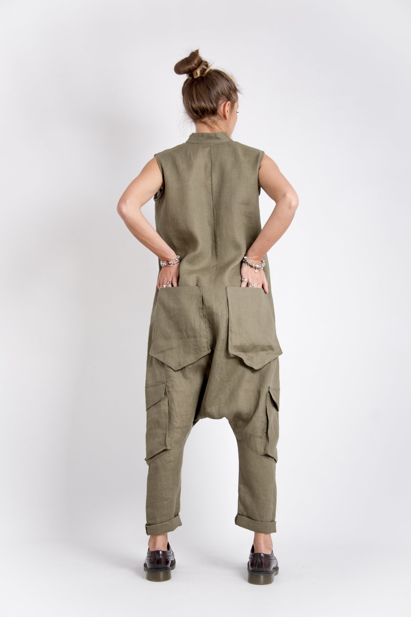 Khaki Linen Jumpsuit: Sleeveless Drop Crotch Overalls Khaki Linen Jumpsuit: Sleeveless Drop Crotch Overalls