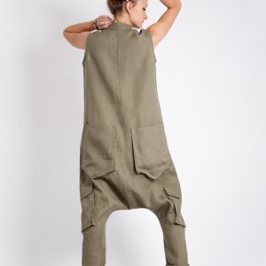 Khaki Linen Jumpsuit: Sleeveless Drop Crotch Overalls
