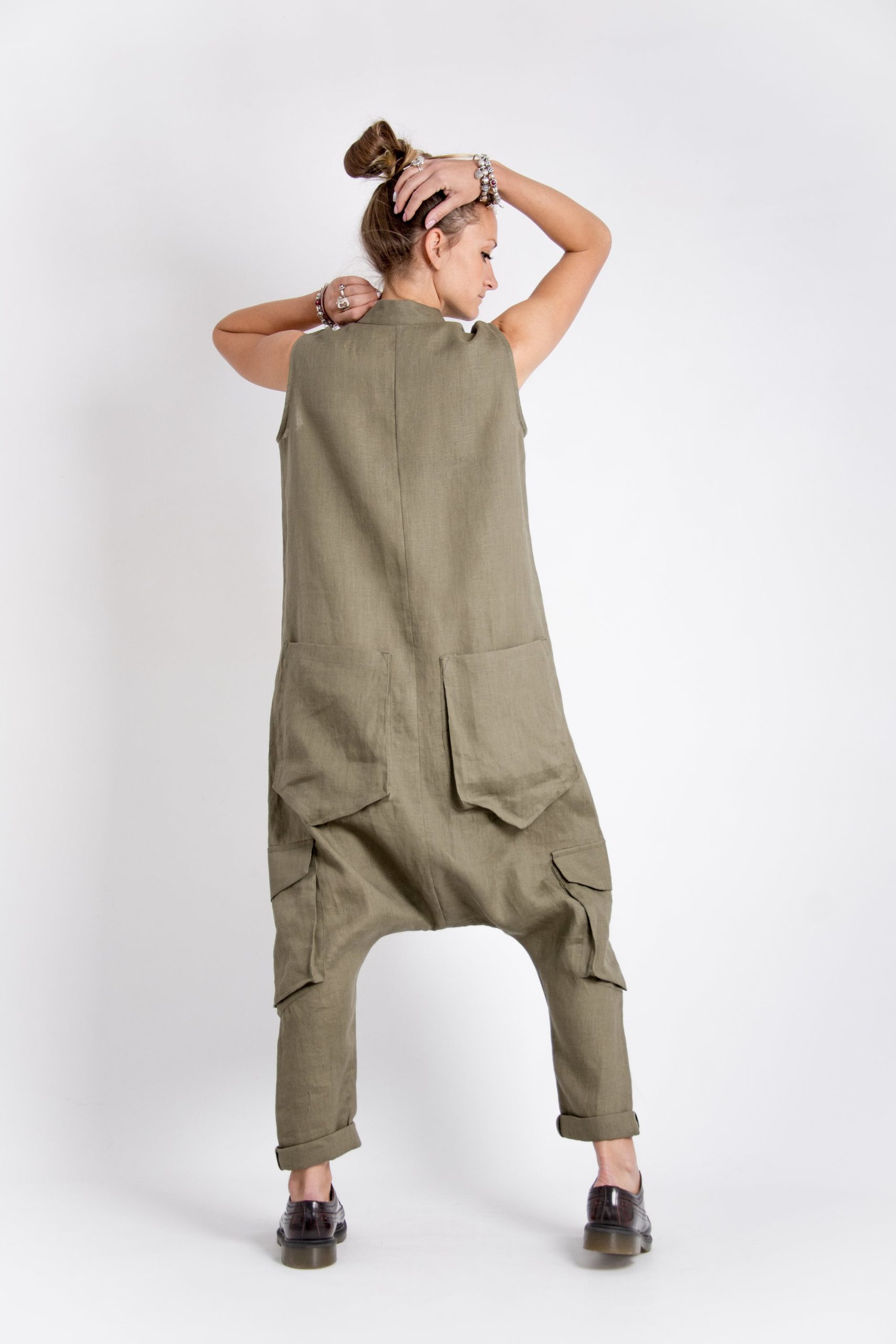 Khaki Linen Jumpsuit: Sleeveless Drop Crotch Overalls Khaki Linen Jumpsuit: Sleeveless Drop Crotch Overalls