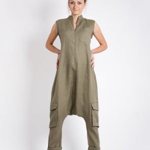 Khaki Linen Jumpsuit: Sleeveless Drop Crotch Overalls
