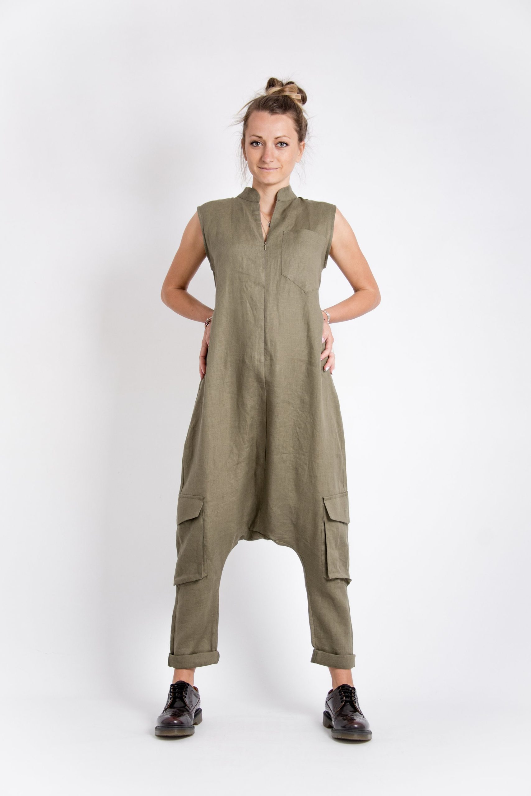 Khaki Linen Jumpsuit: Sleeveless Drop Crotch Overalls Khaki Linen Jumpsuit: Sleeveless Drop Crotch Overalls