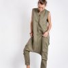 Khaki Linen Jumpsuit: Sleeveless Drop Crotch Overalls