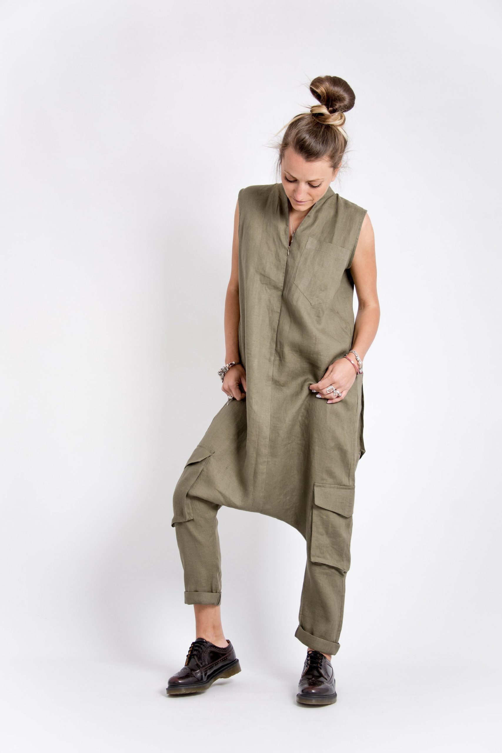 Khaki Linen Jumpsuit: Sleeveless Drop Crotch Overalls Khaki Linen Jumpsuit: Sleeveless Drop Crotch Overalls
