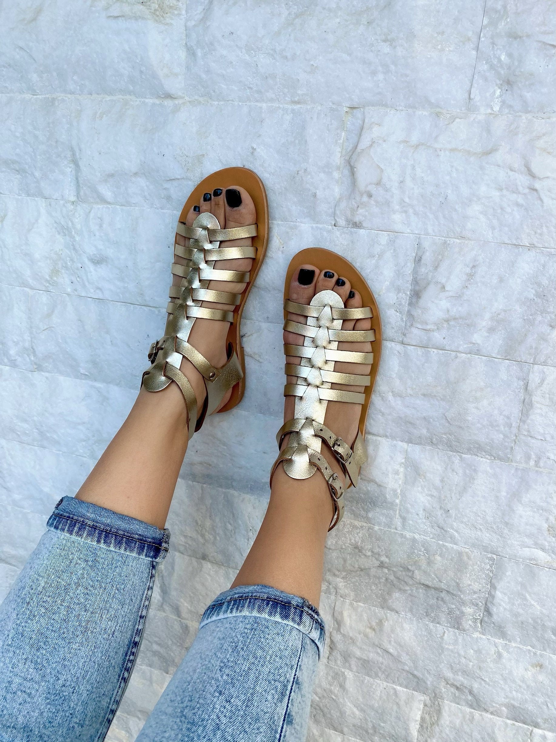 Gold Gladiator Sandals Greek Summer Shoes Full Grain