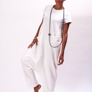 White Cotton Drop Crotch Jumpsuit: Avant Garde Oversized