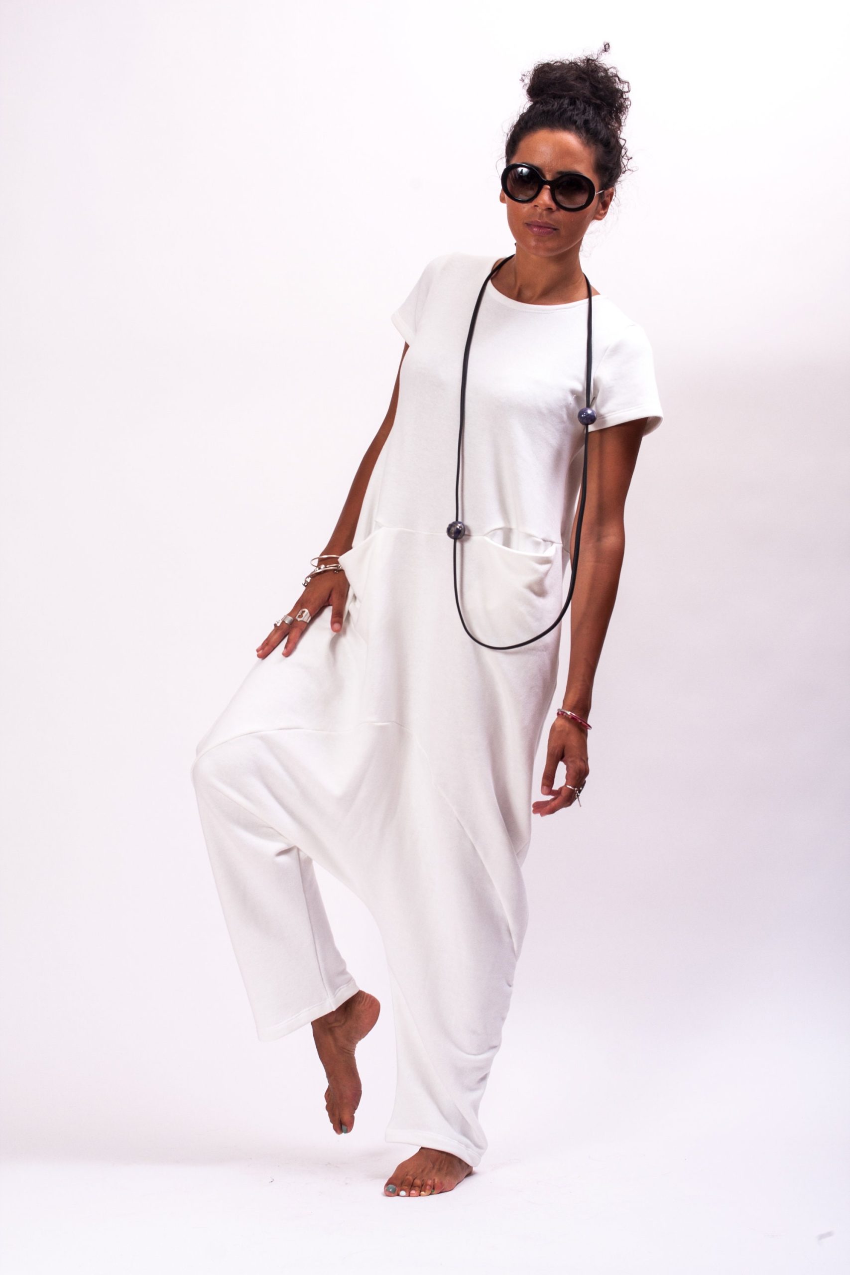 White Cotton Drop Crotch Jumpsuit: Avant Garde Oversized White Cotton Drop Crotch Jumpsuit: Avant Garde Oversized