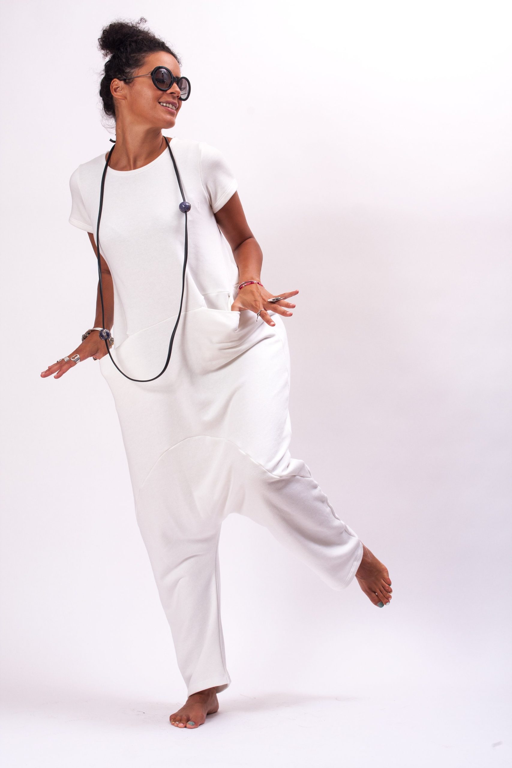 White Cotton Drop Crotch Jumpsuit: Avant Garde Oversized White Cotton Drop Crotch Jumpsuit: Avant Garde Oversized