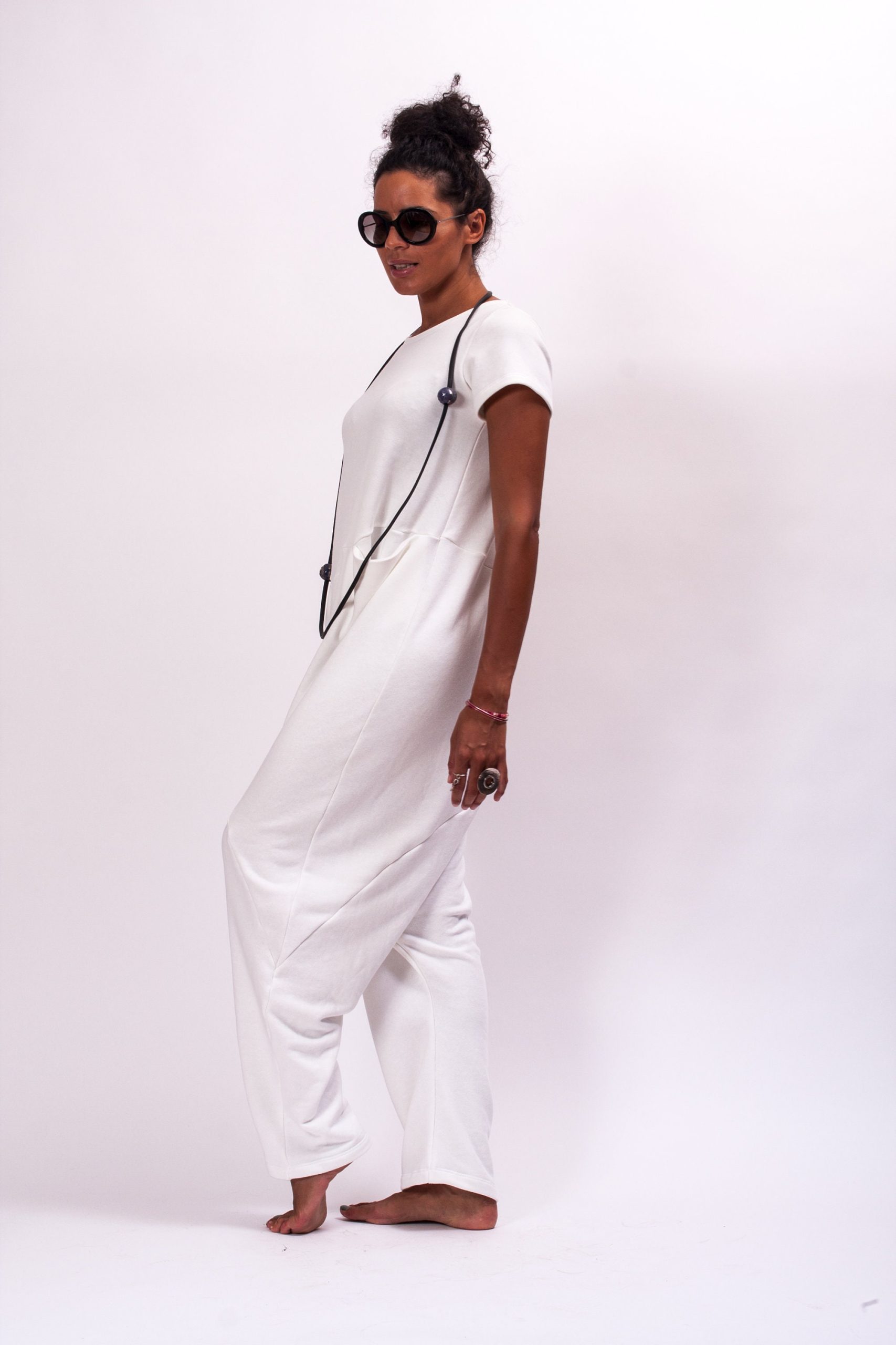 White Cotton Drop Crotch Jumpsuit: Avant Garde Oversized White Cotton Drop Crotch Jumpsuit: Avant Garde Oversized