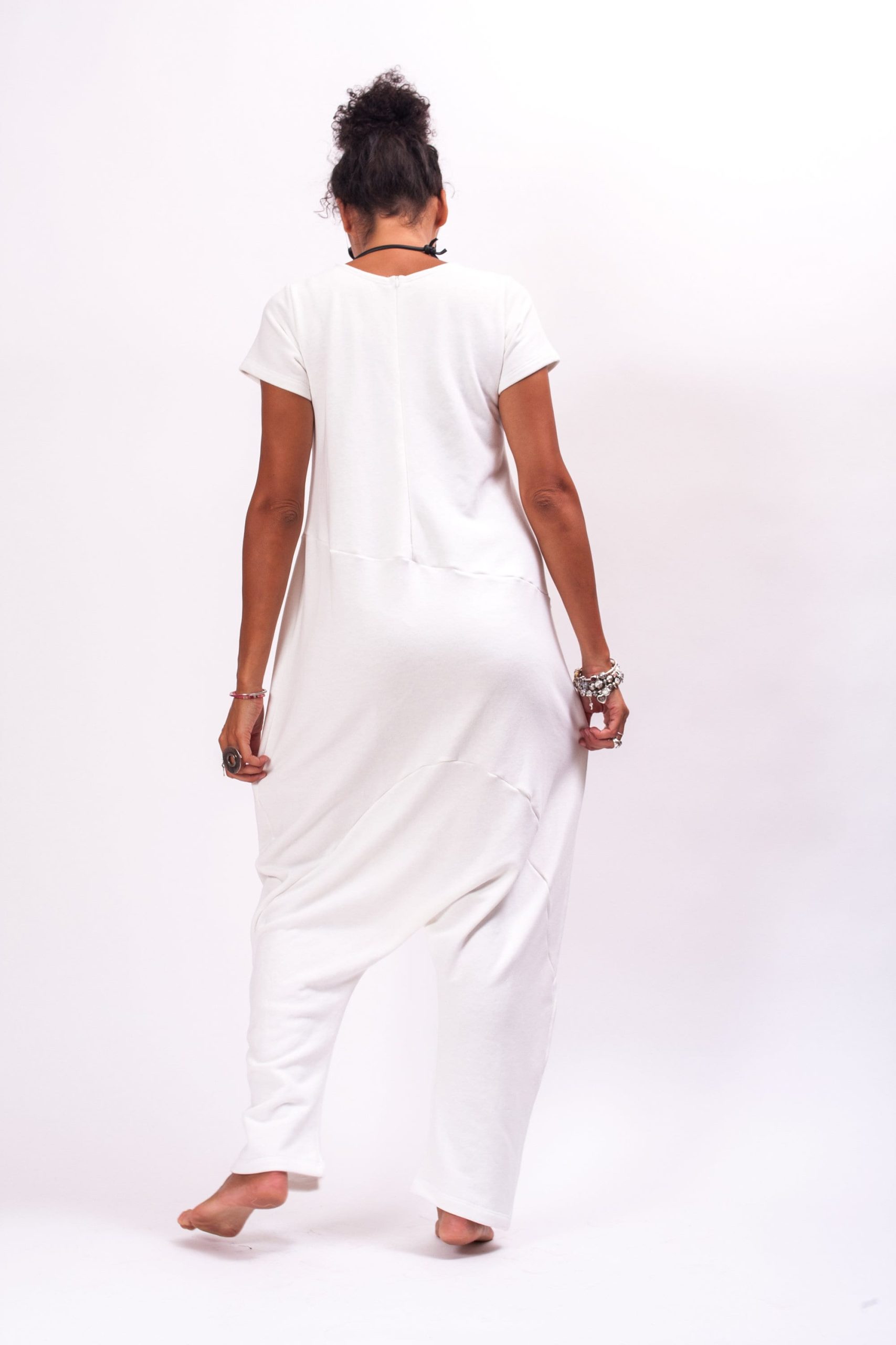 White Cotton Drop Crotch Jumpsuit: Avant Garde Oversized White Cotton Drop Crotch Jumpsuit: Avant Garde Oversized