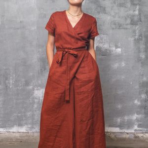 Brick Red Linen Jumpsuit Wrap Front Wide Leg