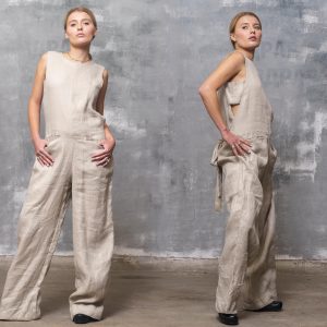 Beige Linen Jumpsuit: Sleeveless Wide Leg Overalls Plus