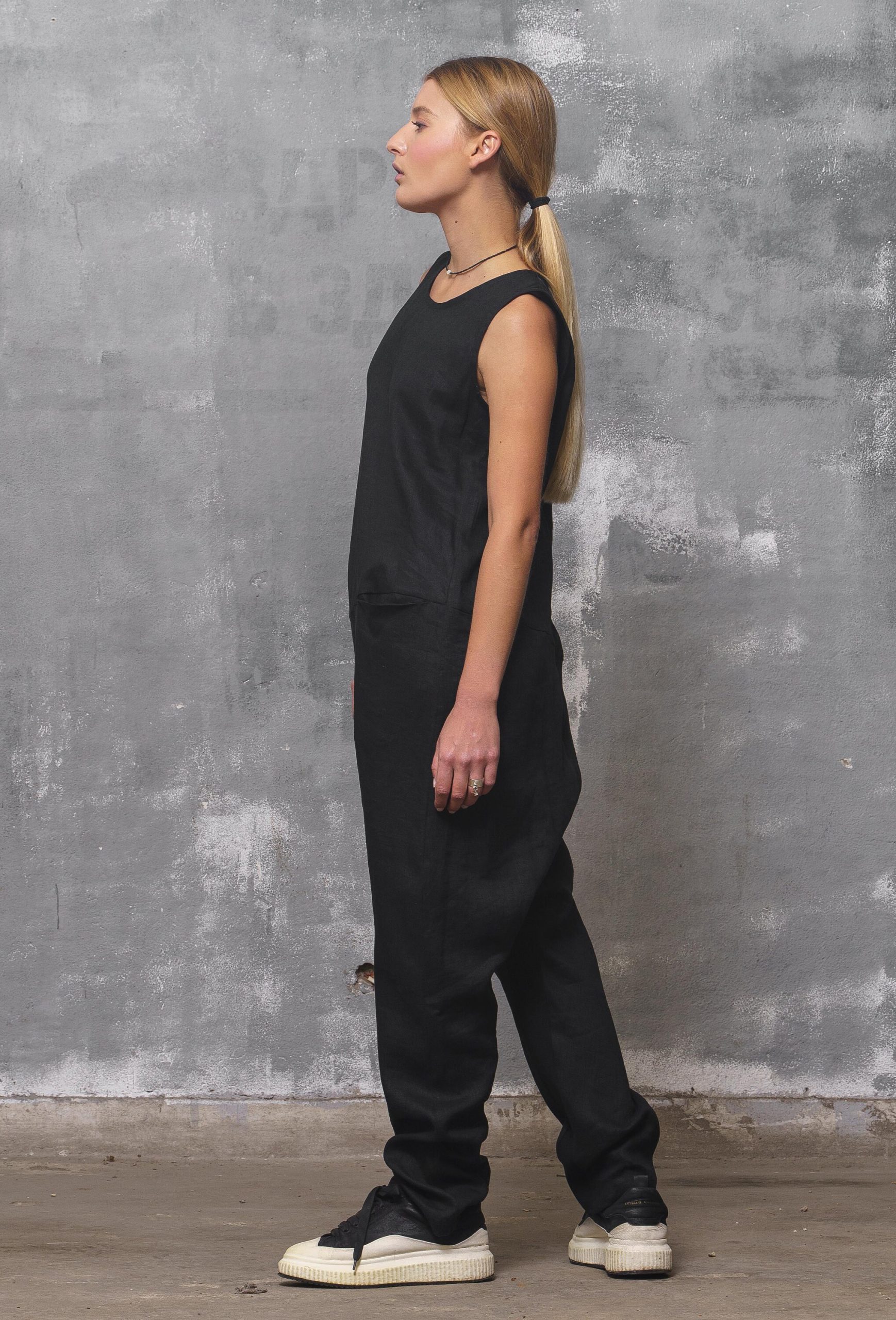 Black Linen Jumpsuit: Sleeveless Drop Crotch Overalls Black Linen Jumpsuit: Sleeveless Drop Crotch Overalls