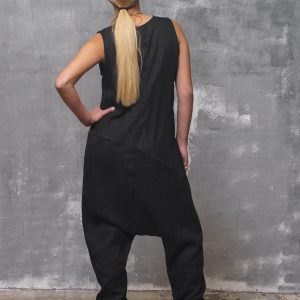 Black Linen Jumpsuit: Sleeveless Drop Crotch Overalls