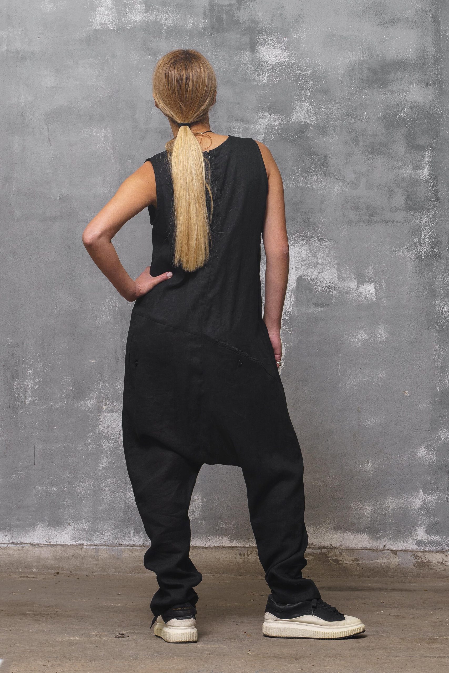 Black Linen Jumpsuit: Sleeveless Drop Crotch Overalls Black Linen Jumpsuit: Sleeveless Drop Crotch Overalls