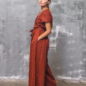 Brick Red Linen Jumpsuit Wrap Front Wide Leg