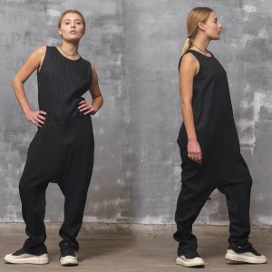 Black Linen Jumpsuit: Sleeveless Drop Crotch Overalls