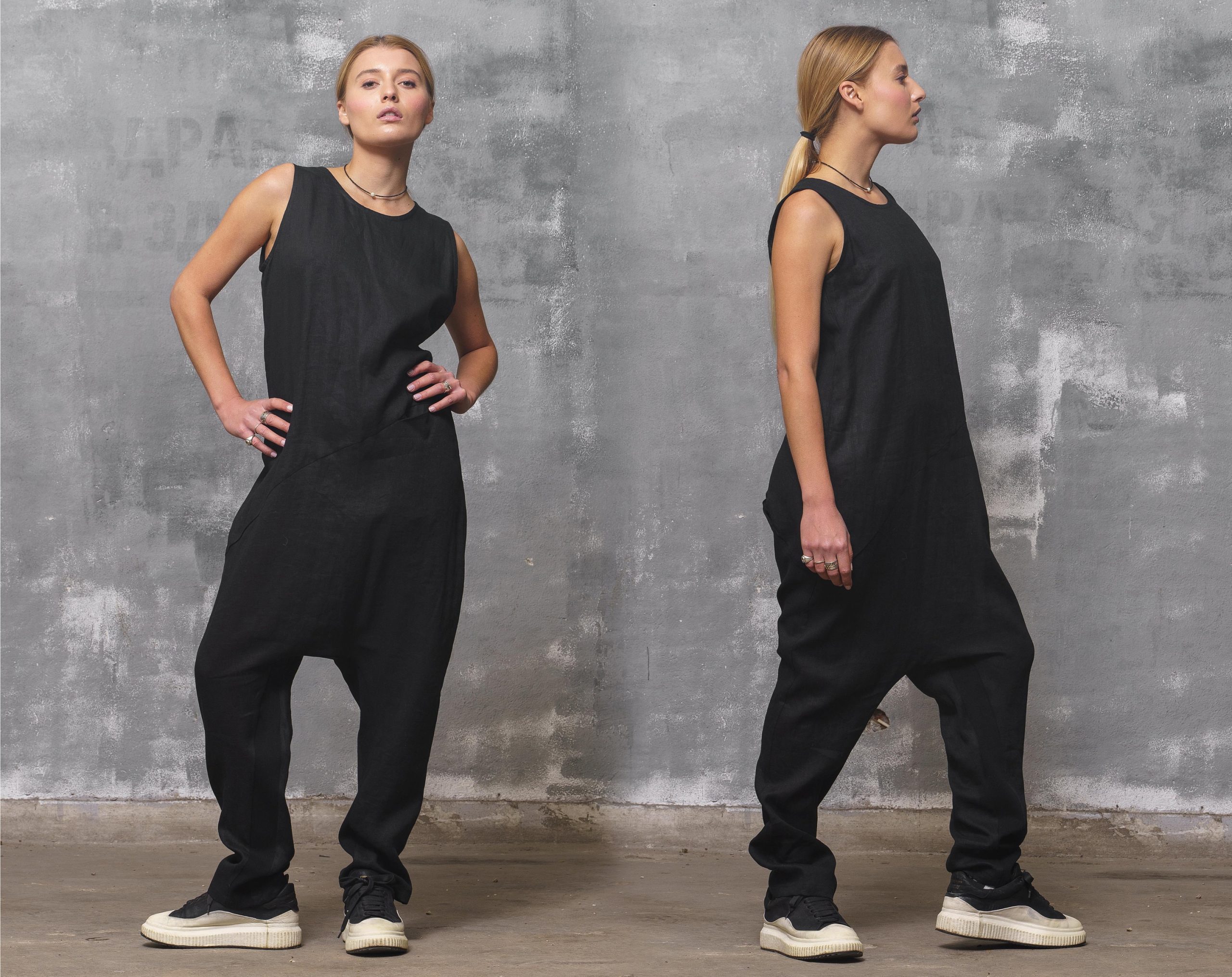 Black Linen Jumpsuit: Sleeveless Drop Crotch Overalls Black Linen Jumpsuit: Sleeveless Drop Crotch Overalls