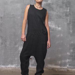 Black Linen Jumpsuit: Sleeveless Drop Crotch Overalls