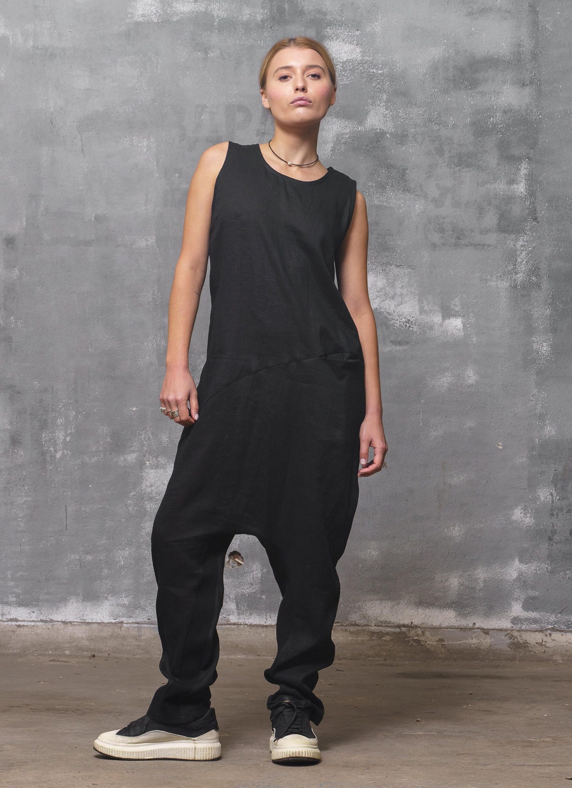 Black Linen Jumpsuit: Sleeveless Drop Crotch Overalls Black Linen Jumpsuit: Sleeveless Drop Crotch Overalls