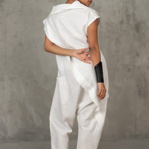 White Linen Jumpsuit: Avant Garde Drop Crotch Overalls