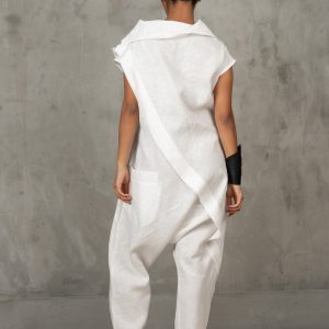 White Linen Jumpsuit: Avant Garde Drop Crotch Overalls