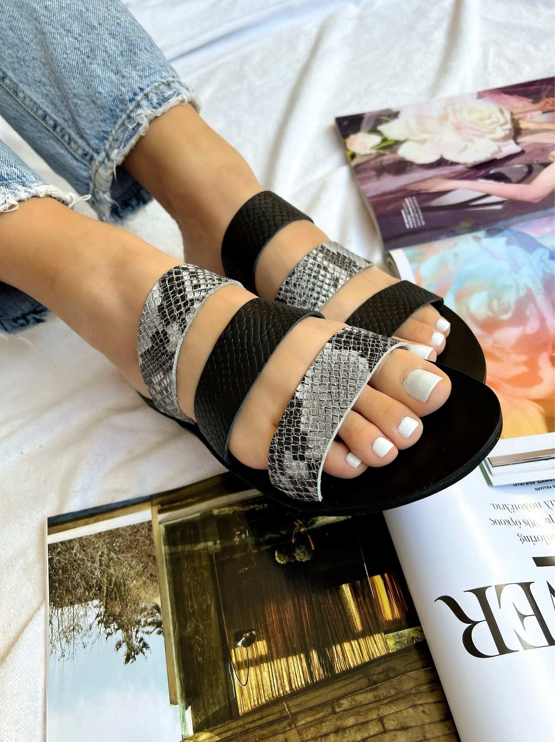 Handmade Sandals Greek Leather Slide Black Strap Summer