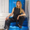 Black Linen Jumpsuit: Sleeveless Wide Leg Overalls Sustainable