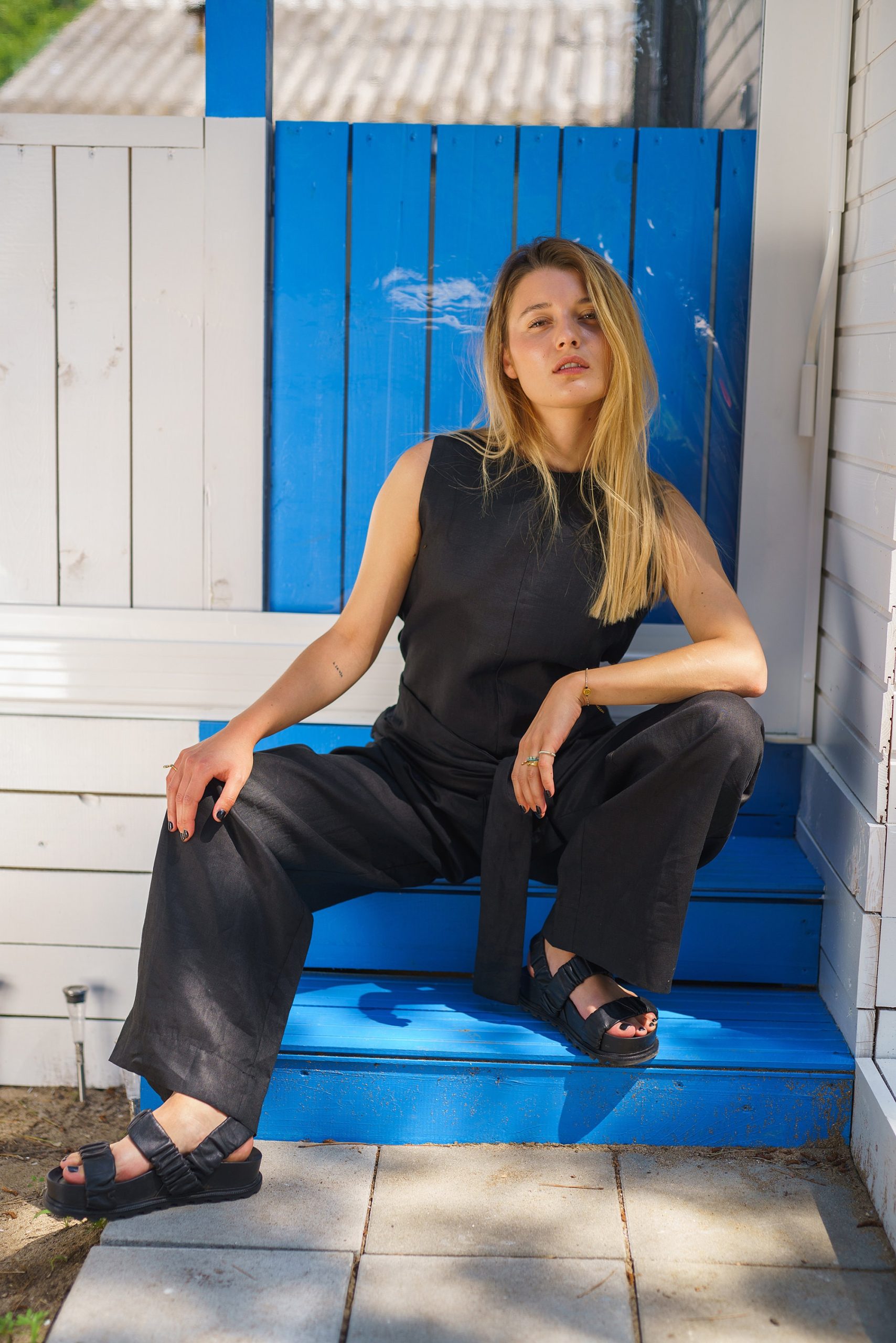 Black Linen Jumpsuit: Sleeveless Wide Leg Overalls Sustainable