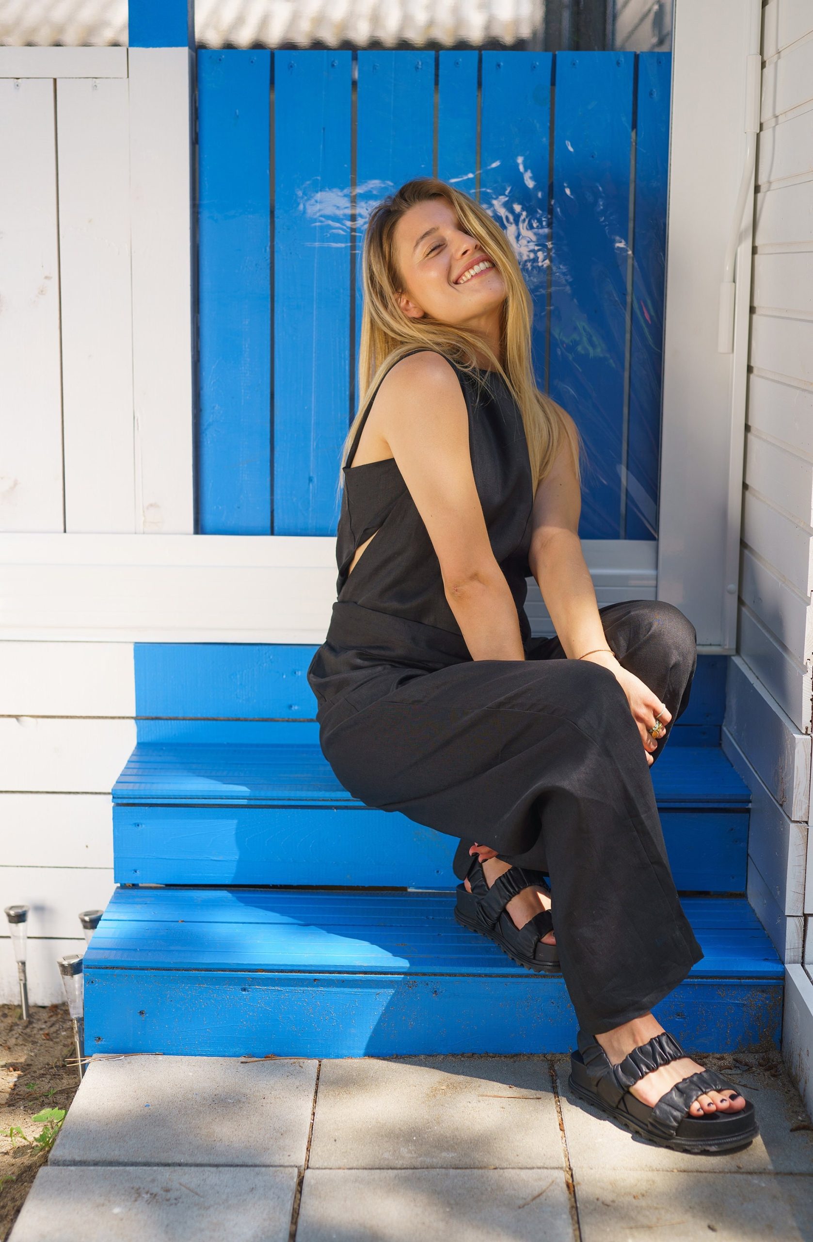 Black Linen Jumpsuit: Sleeveless Wide Leg Overalls Sustainable Black Linen Jumpsuit: Sleeveless Wide Leg Overalls Sustainable