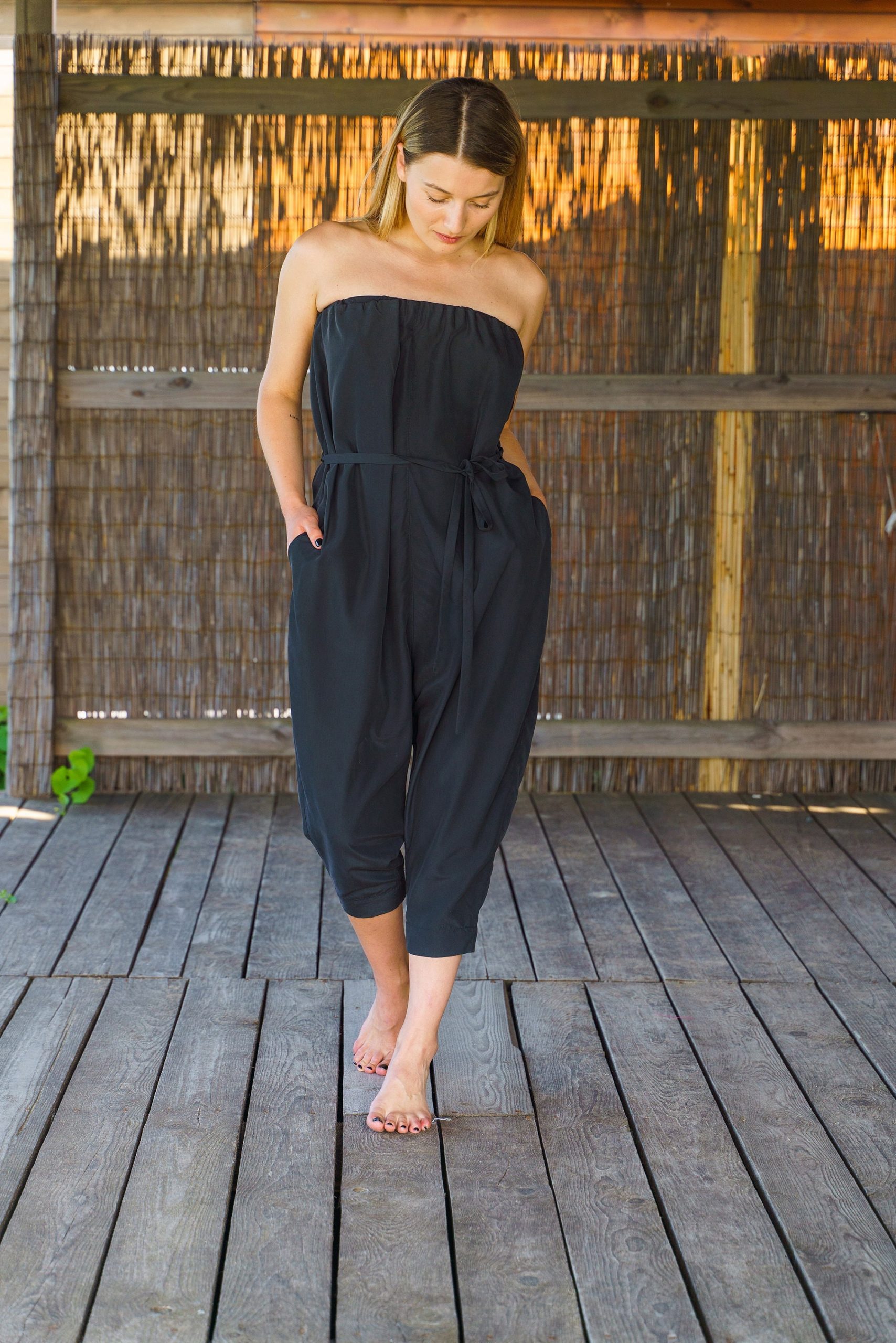 Black Harem Jumpsuit: Plus Size Strapless Modal Romper Black Harem Jumpsuit: Plus Size Strapless Modal Romper