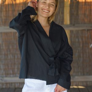 Black Linen Kimono Blazer: Women's Lightweight Robe Jacket