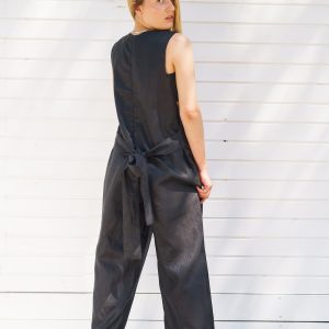 Black Linen Jumpsuit: Sleeveless Wide Leg Overalls Sustainable