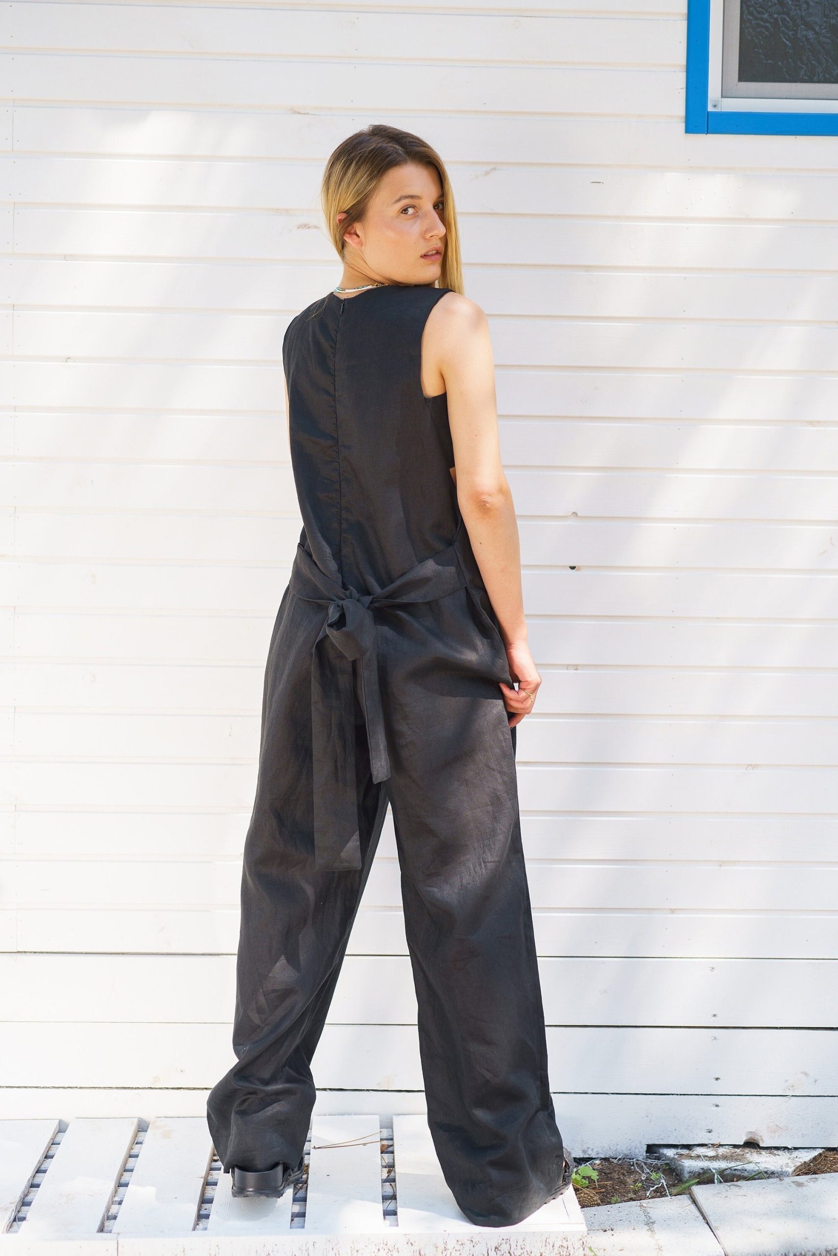 Black Linen Jumpsuit: Sleeveless Wide Leg Overalls Sustainable Black Linen Jumpsuit: Sleeveless Wide Leg Overalls Sustainable