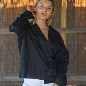Black Linen Kimono Blazer: Women's Lightweight Robe Jacket