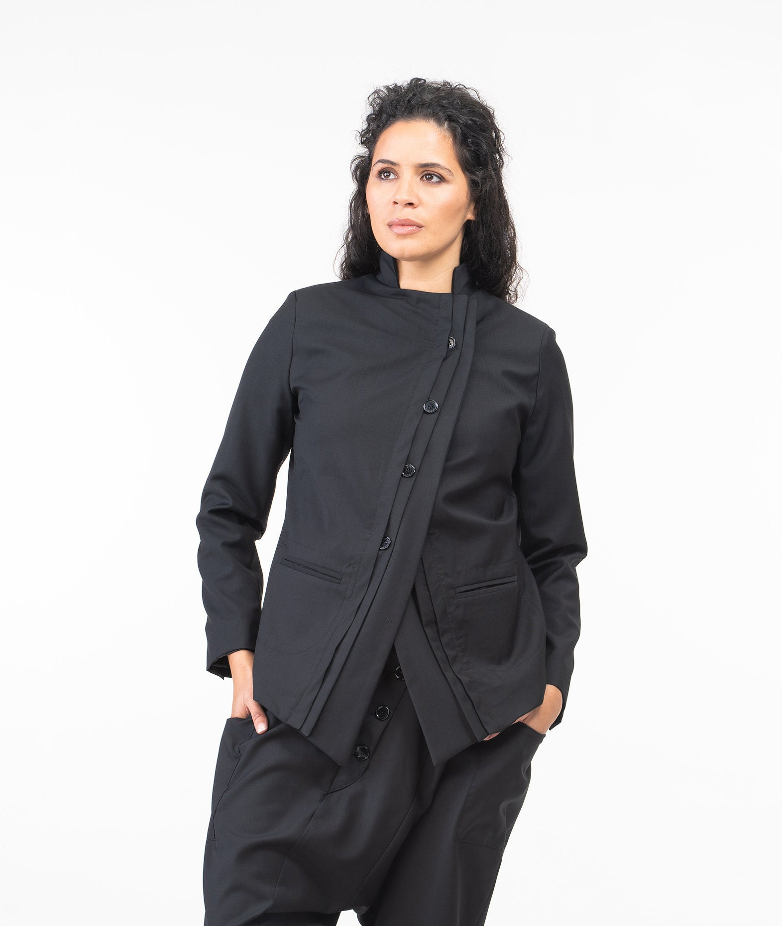 Black Wool Asymmetrical Blazer: Women's Suit Jacket Black Wool Asymmetrical Blazer: Women's Suit Jacket