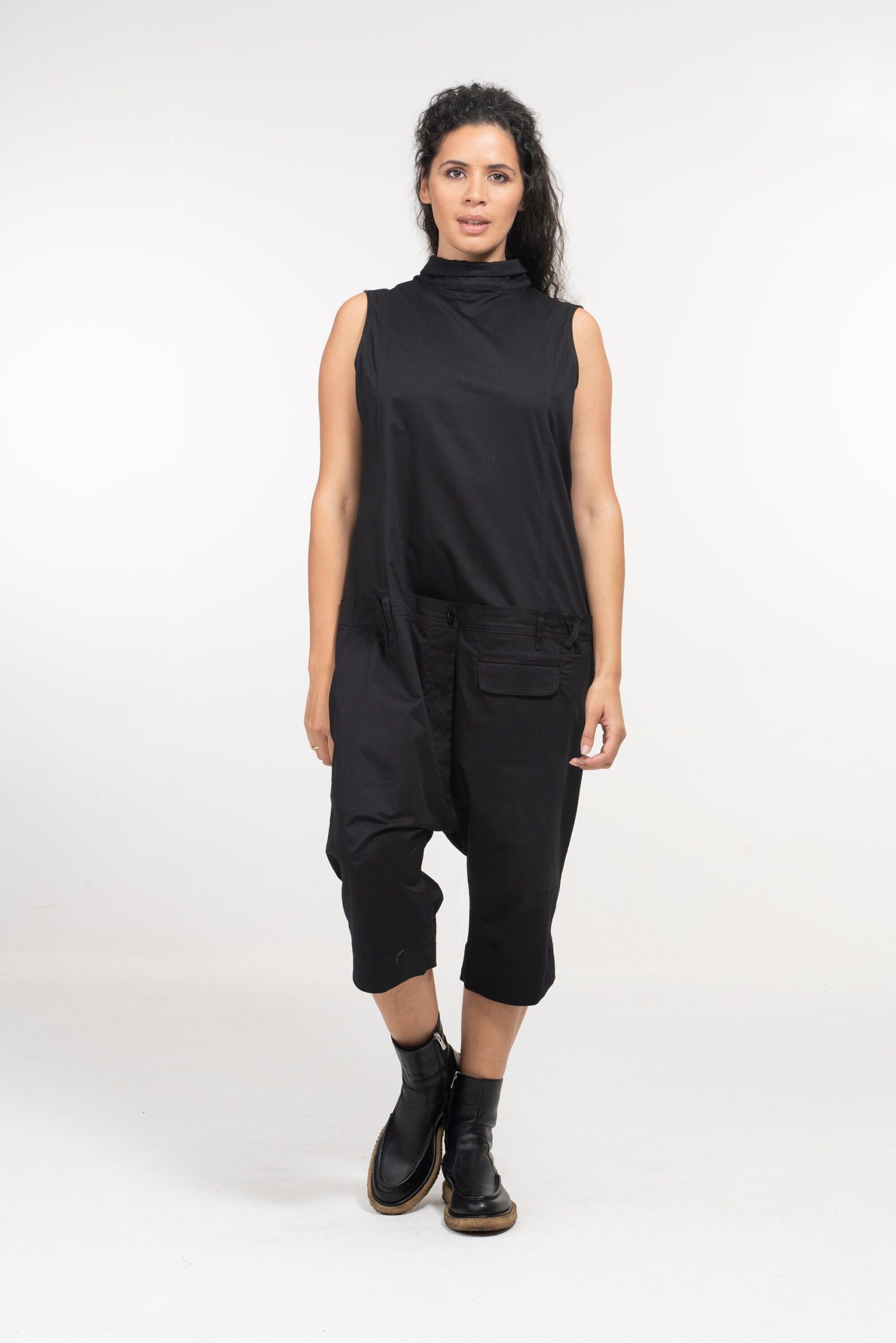 Black Cotton Drop Crotch Jumpsuit: Avant Garde Harem Black Cotton Drop Crotch Jumpsuit: Avant Garde Harem