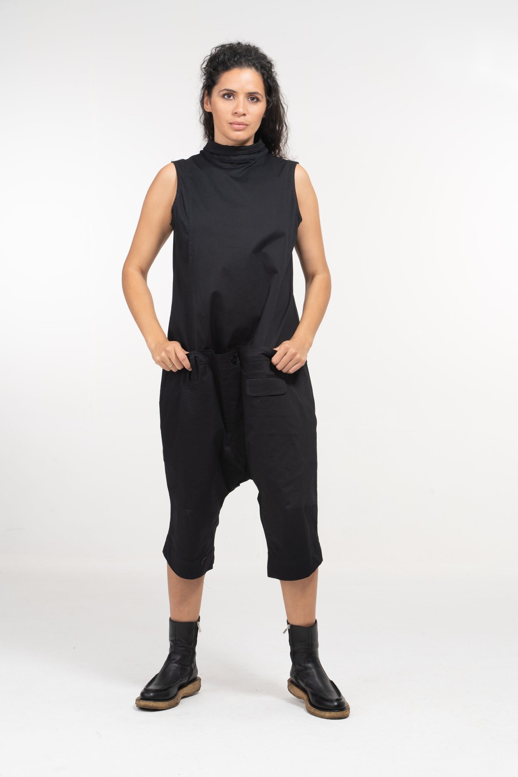 Black Cotton Drop Crotch Jumpsuit: Avant Garde Harem Black Cotton Drop Crotch Jumpsuit: Avant Garde Harem